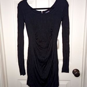 New Express Black Sweater Dress Net Arms - Gold Zip & Ruche Sides Bodyco…